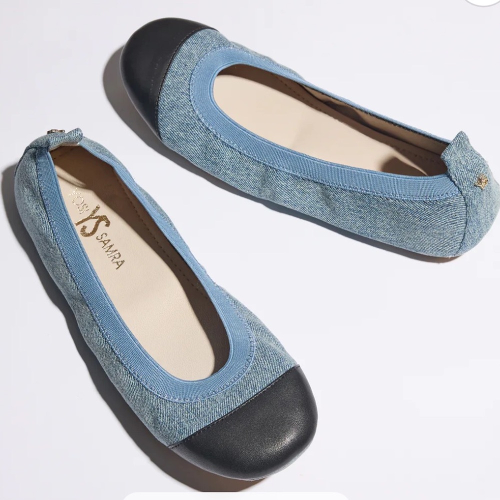 Yosi Samra Samantha Foldable Ballet Flats Shoes Denim/Black Size 10 New in Box